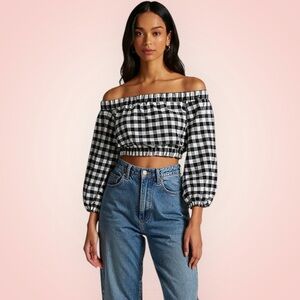Anthropologie Maeve Women's Gingham Off-Shoulder Crop Top With Puff Sleeve Sz S